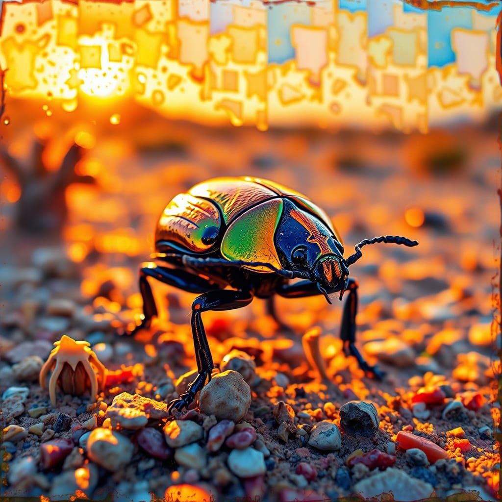 Beetle in Desert Sunset, Neo-Impressionist Style