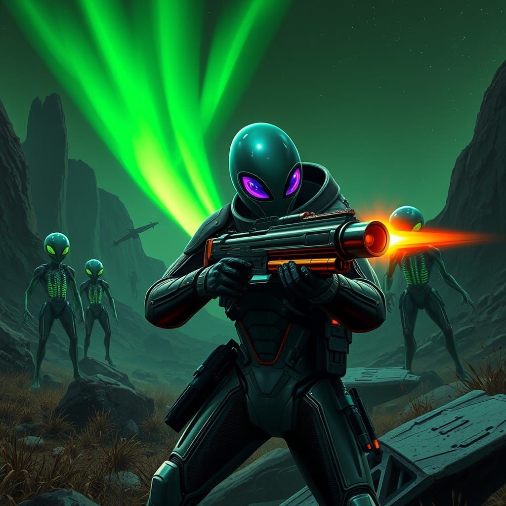 Cyberpunk Hunter Faces Luminous Aliens in Futuristic Landsca...