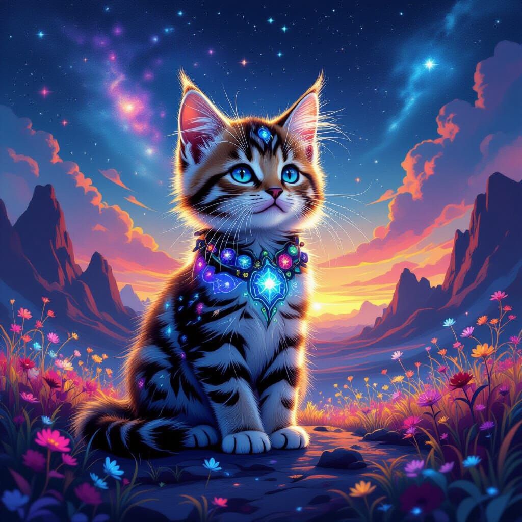 Majestic Kitten in Cosmic Landscape with Ethereal Light