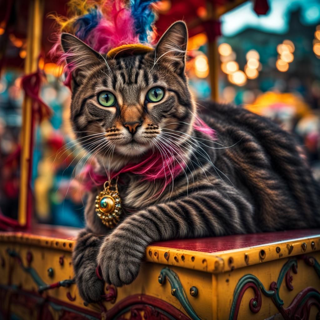 Hyperrealistic Carnival Cat in Atmospheric Lighting