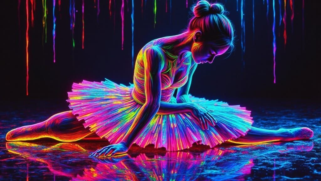 Ballerina Stretching in Neon Metallic Art Style