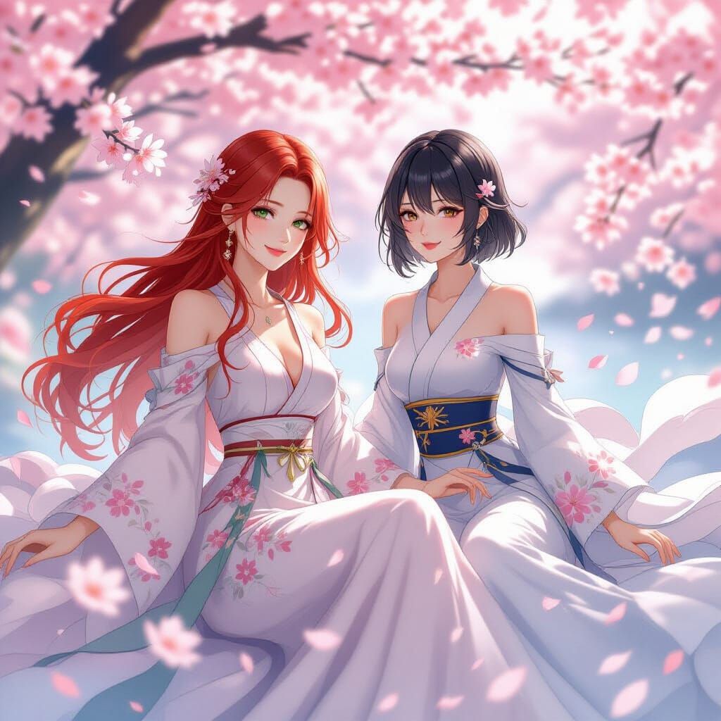 Women Floating Among Cherry Blossoms, Ethereal Style