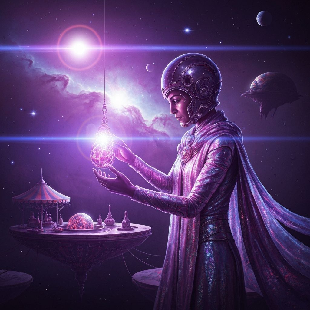 Intergalactic Trader at Floating Bazaar in Cyberpunk Style