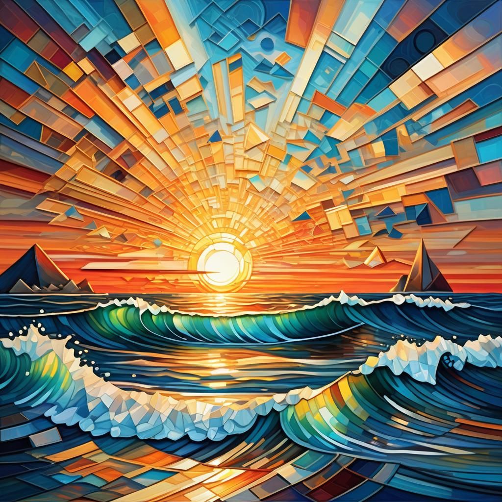 Cubist Sunset Over Ocean with Geometric Shapes