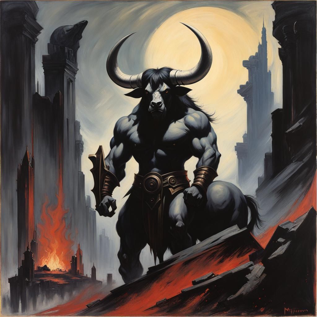 Minotaur in Ruins Under Blazing Comet