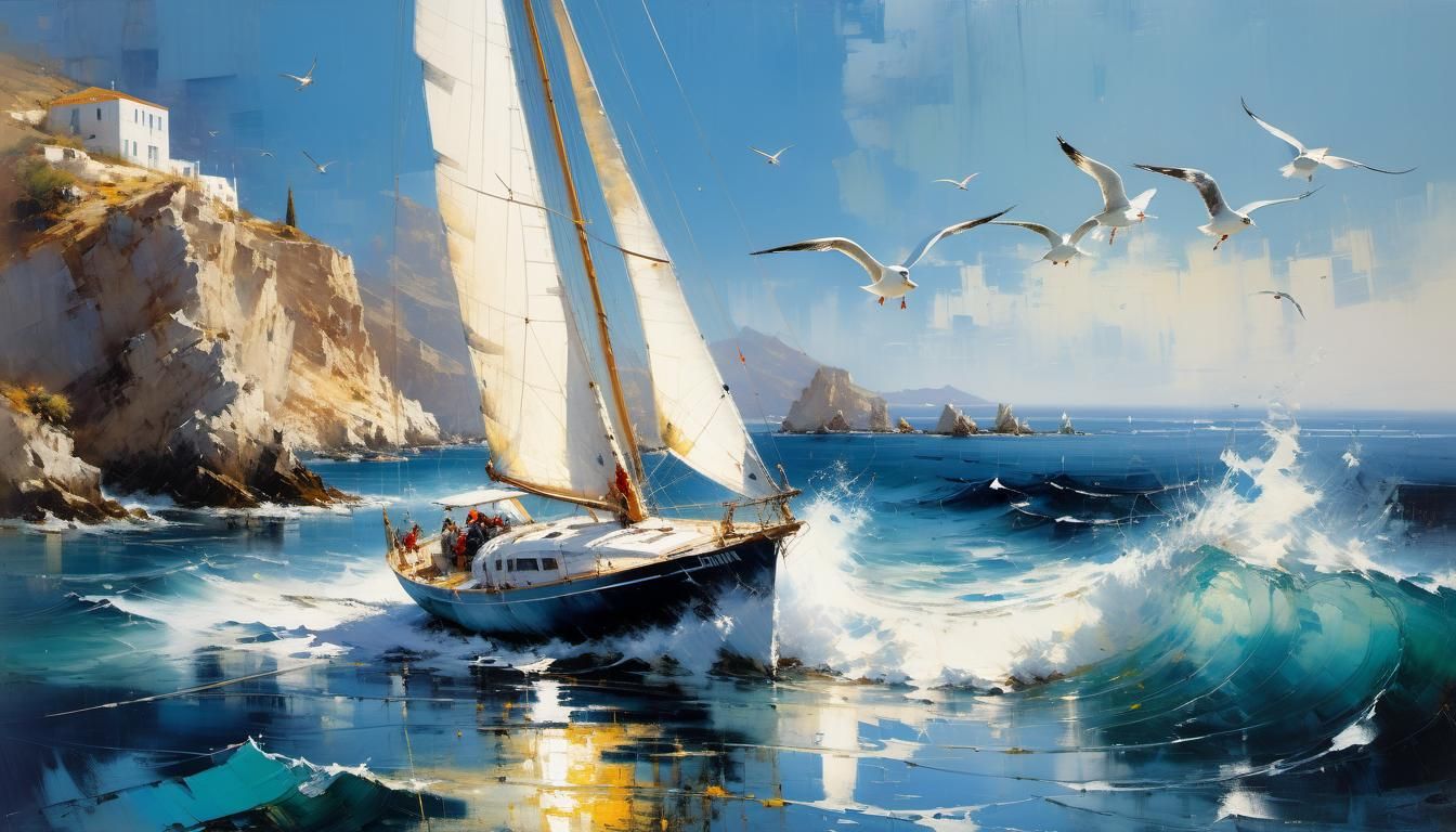 Picturesque Sailboat on Greek Isle: Fine Art Painting
