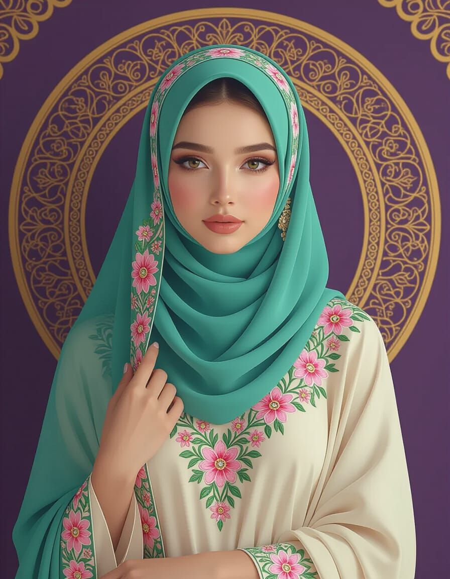 Elegant Woman in Teal Hijab Portrait