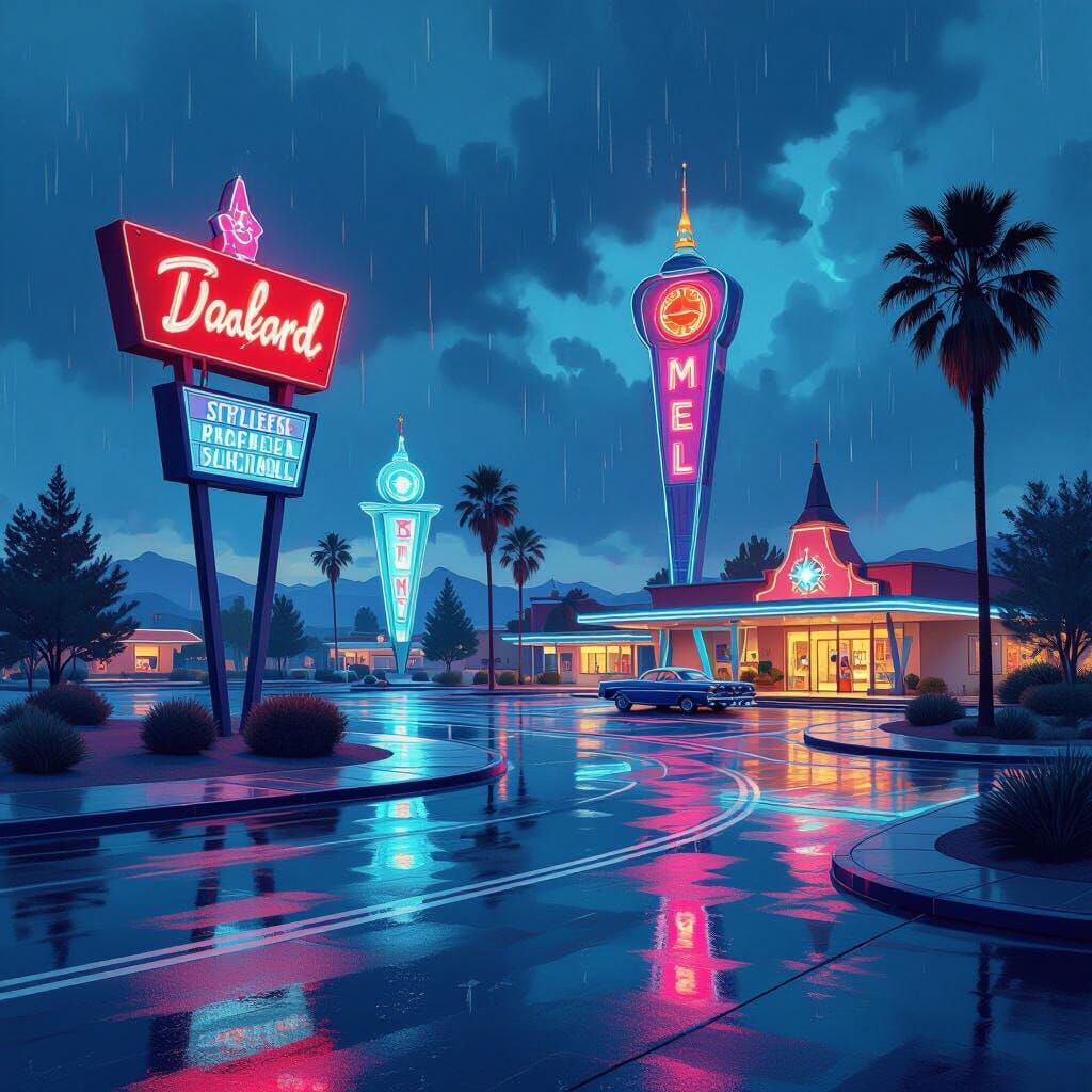Retro Space Age Motel Neon Lights in Rain
