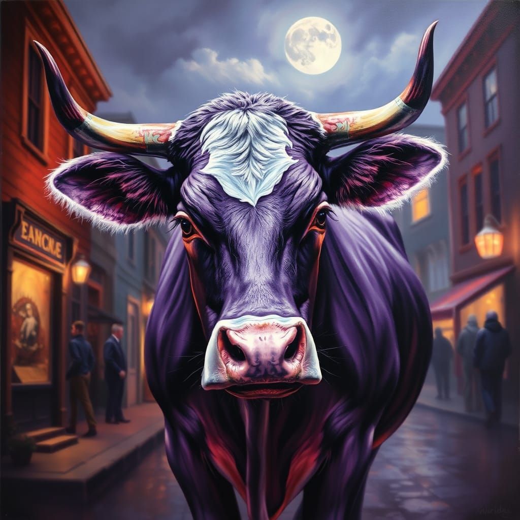 Hyperrealistic Purple Cow in Town: Encaustic Art