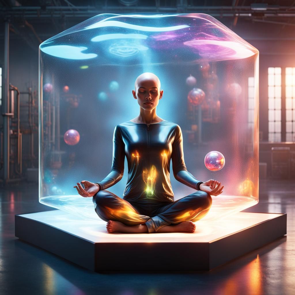 Meditating Woman in Glass Cube, Digital Art