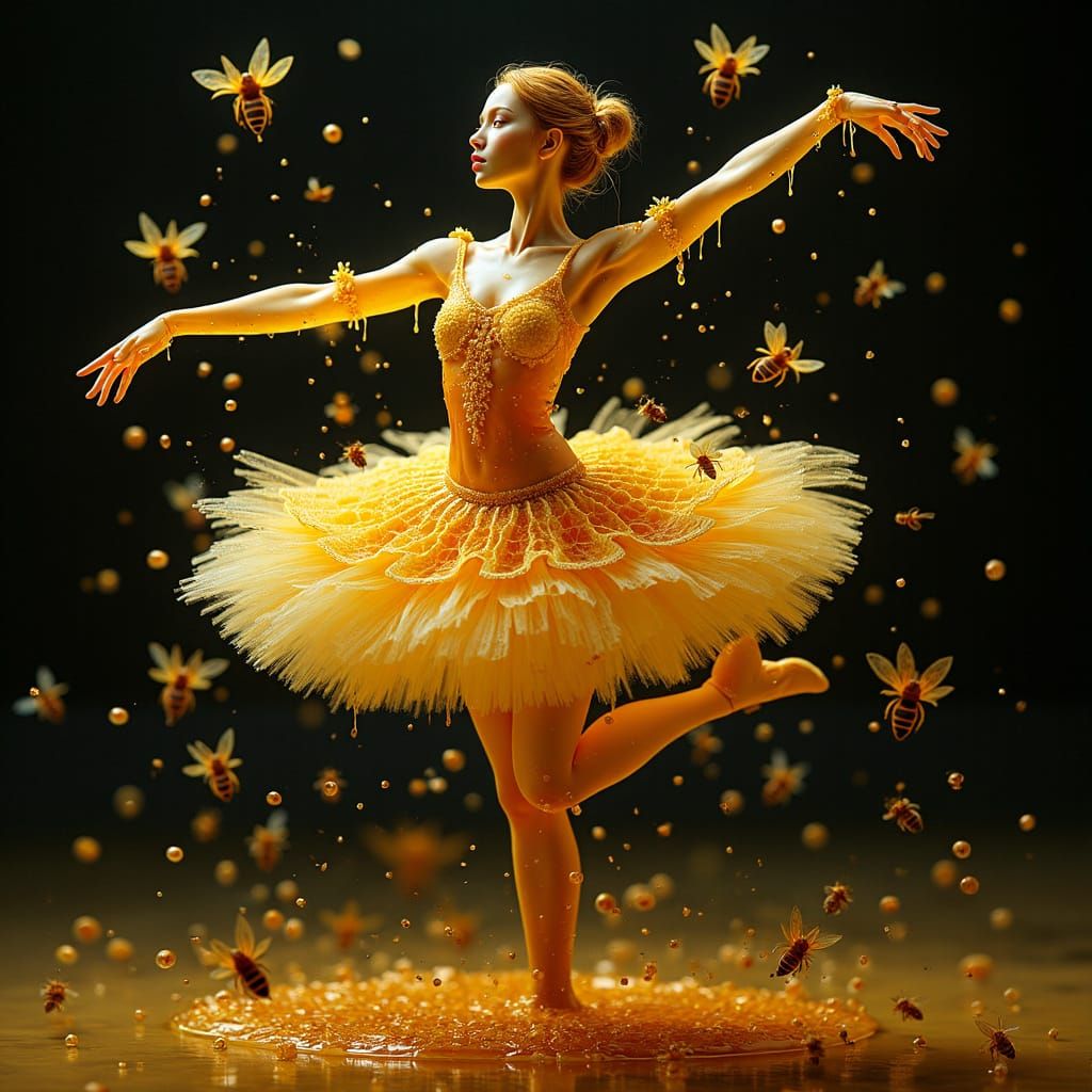 Honey Ballerina En Pointe in a Dreamlike Honeycomb World