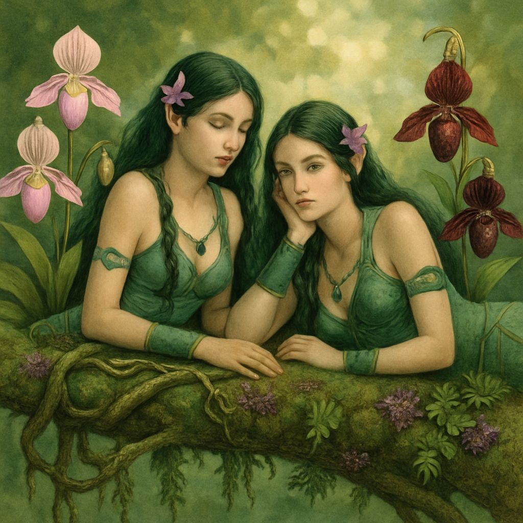 Jade Fairies in Orchid Garden, Gouache Painting