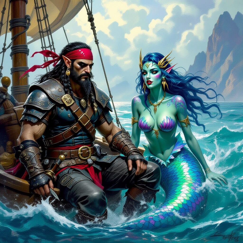 Dark Elf Pirate and Mermaid in Fantasy Ocean Scene