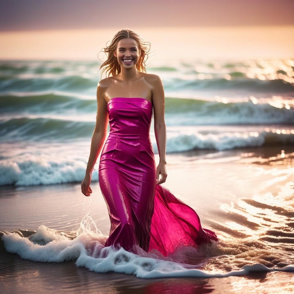 Young Woman in Fuchsia Dress on Beach, 3D Render