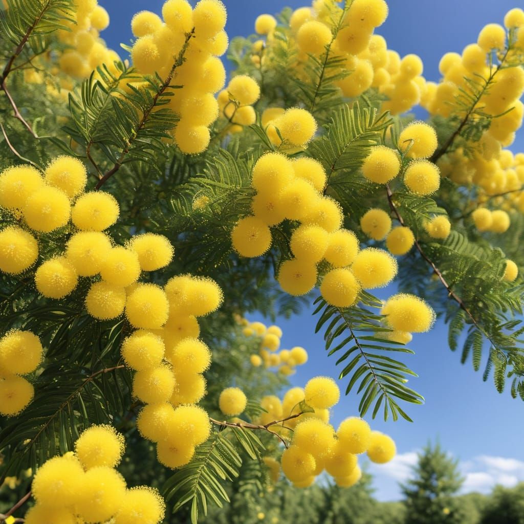 🌼 Mimosa:
An orchard of soft, golden mimosa blossom trees gently swaying in a warm afternoon breeze. The light is honey...