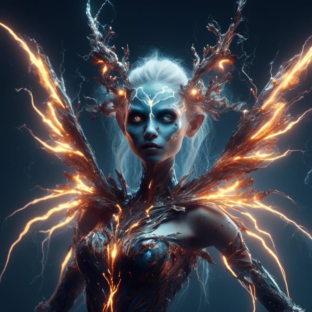 A beautiful electric zombie fairy named Vixyna, made of lightning <lora:Voltus:1.0>