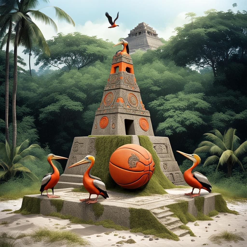 Aztec Pelicans Statues on Stone Pyramid, Szukalski Style