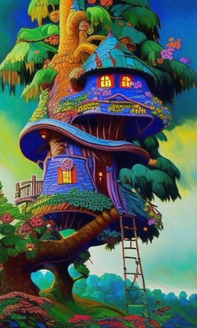 Fairytale Treehouse Painting in Vibrant Colors