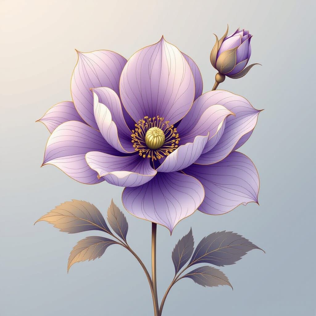 Minimalist Floral Line Art with Gold and Lavender Accents