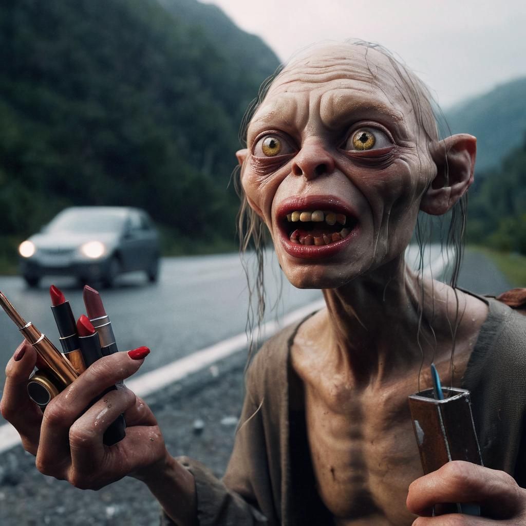 Gollum with Makeup Hitchhiking: Surreal Photorealistic 8K