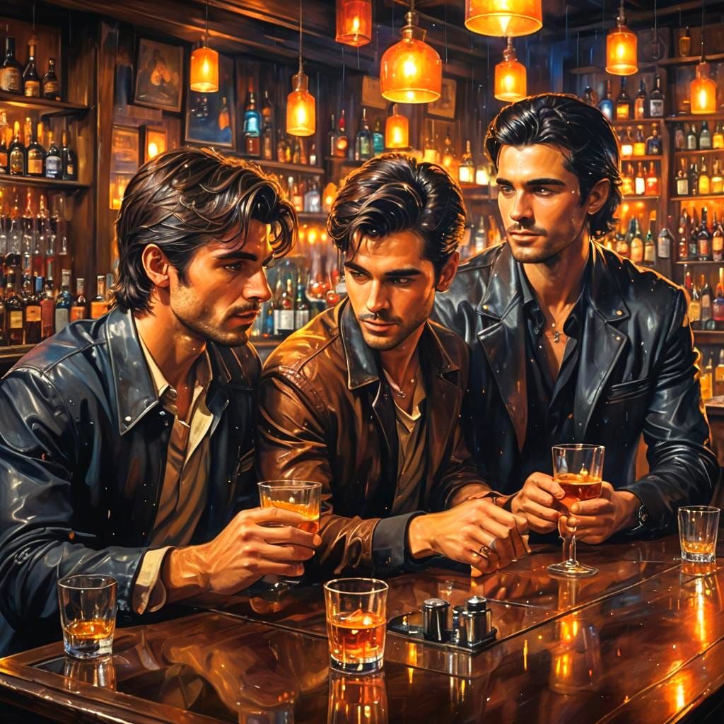 Gay Men in Love at Colorful Bar, Matte Painting