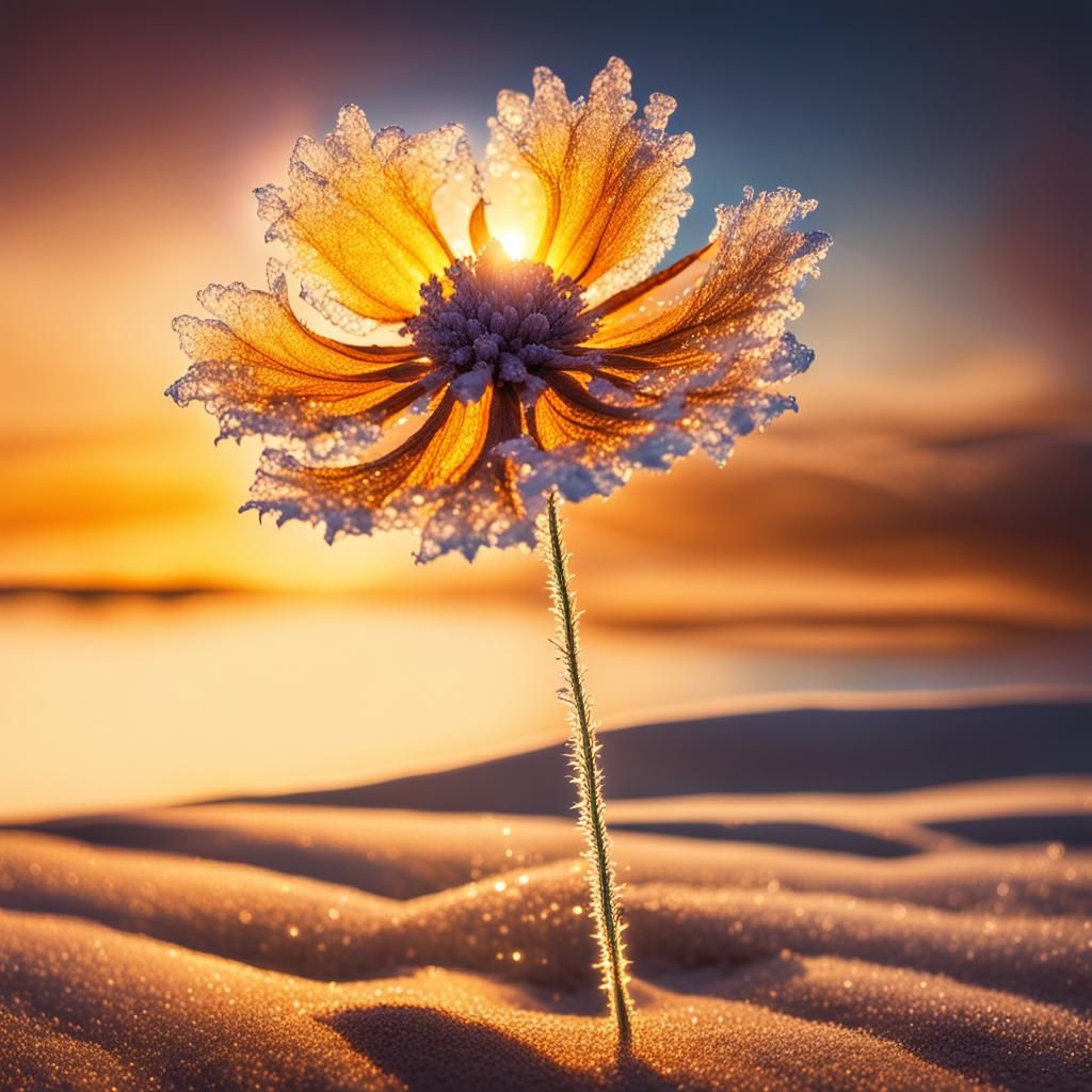 Luminous Frozen Flower in Golden Sunset: Fantasy Illustratio...