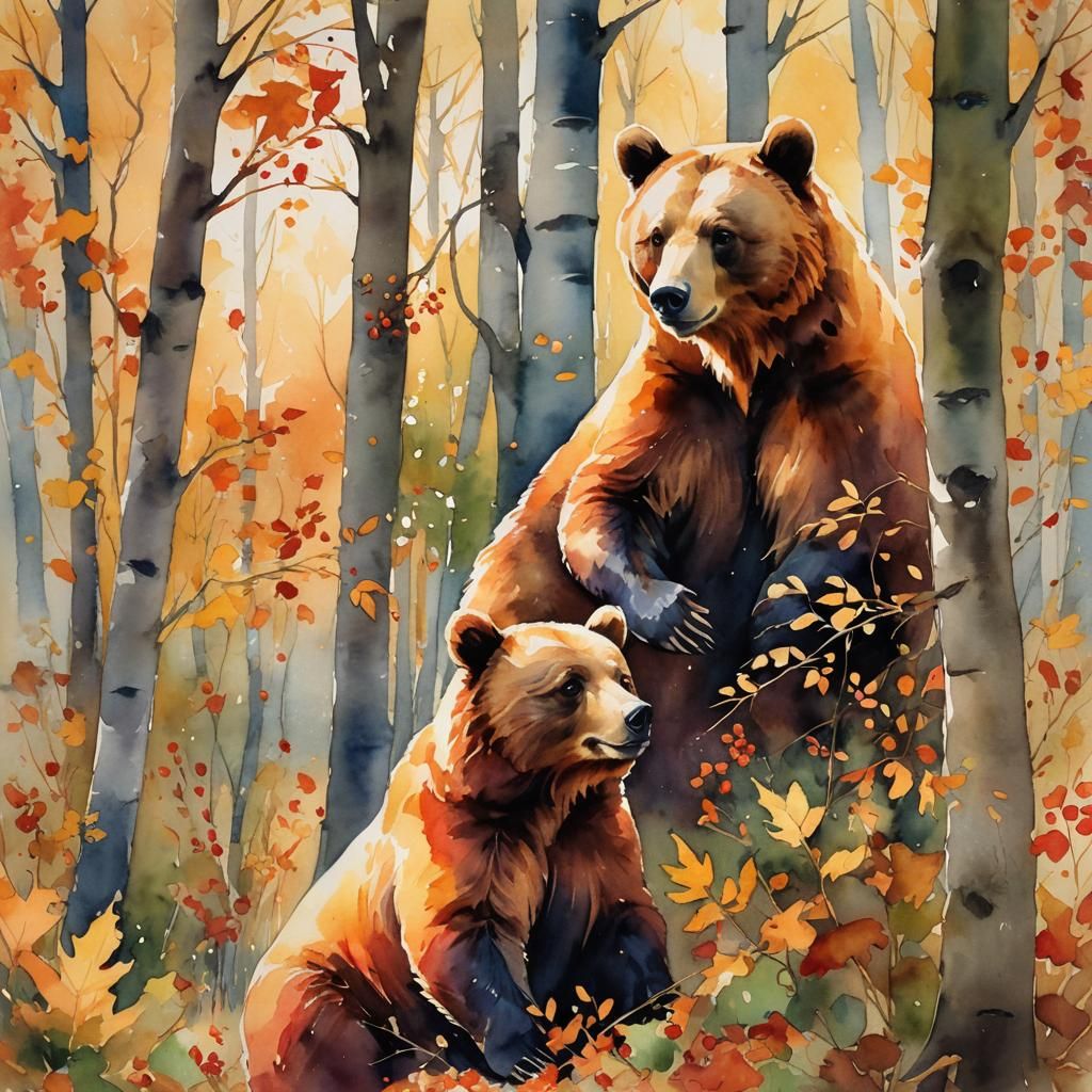 Whimsical Watercolor: Bear Cub Playing in Autumn Leaves