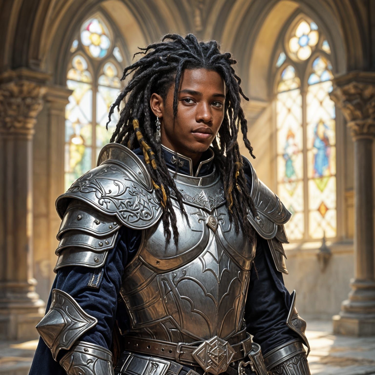 African Prince in Armor in Medieval Castle Hall