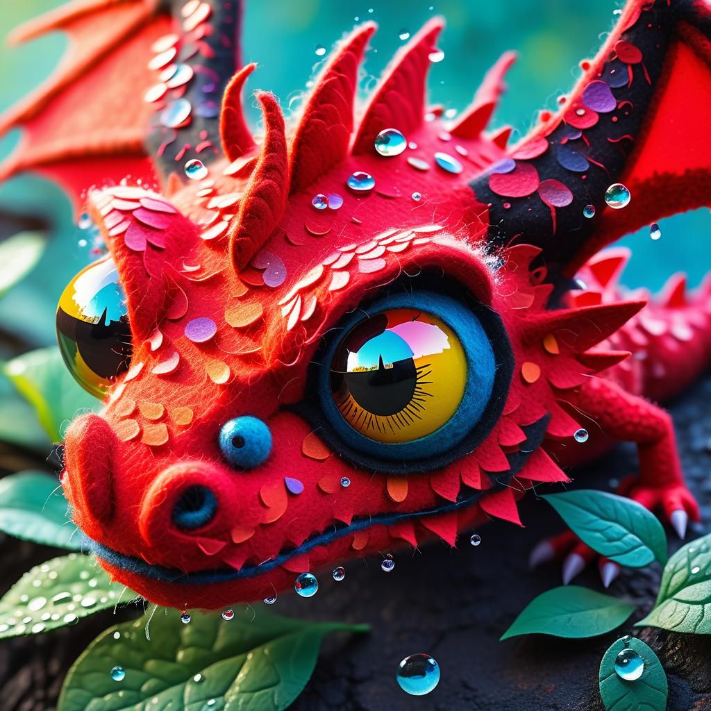 Felt Dragon with Dewdrops in Graffiti Art Style