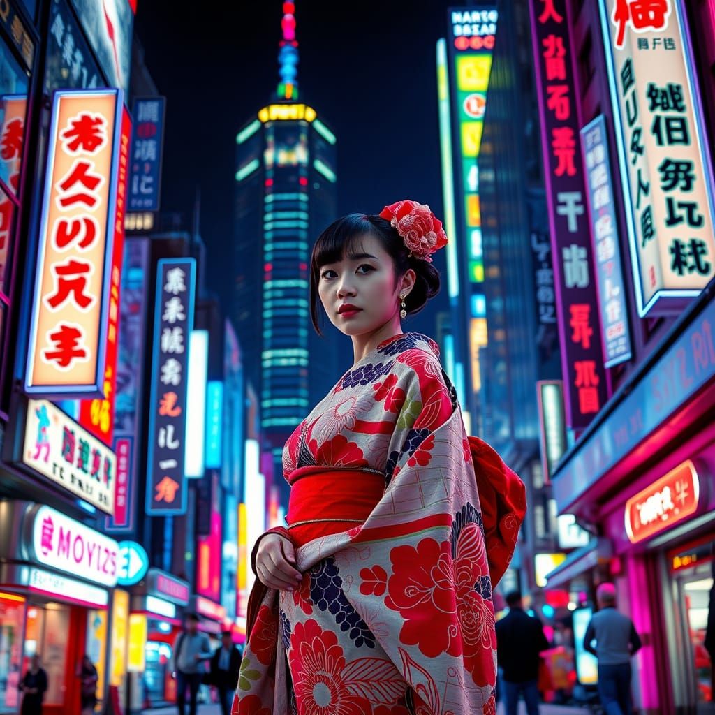 Cyberpunk Kabukicho Hostess in Futuristic Neon Landscape