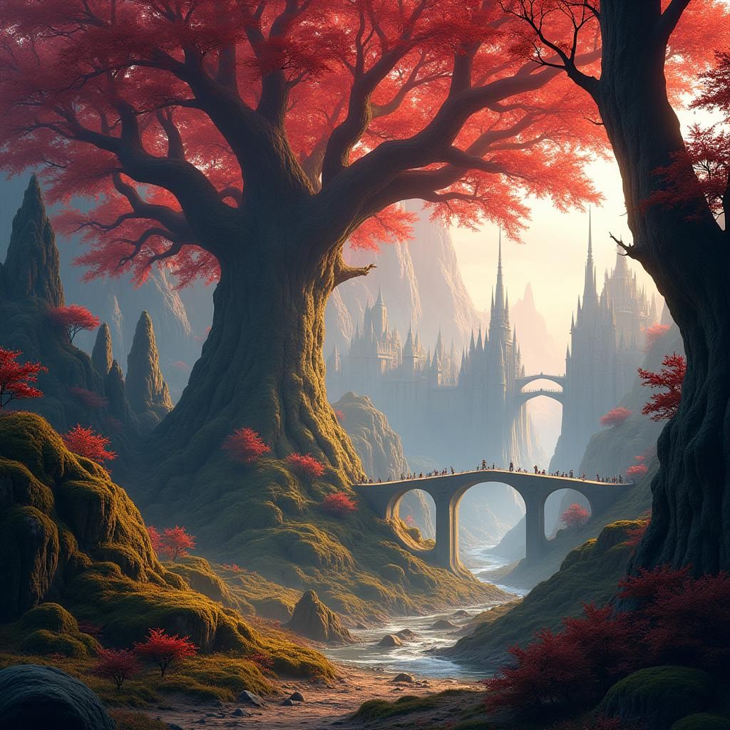 Mystical Forest with Blood Red Tree and Elvish City