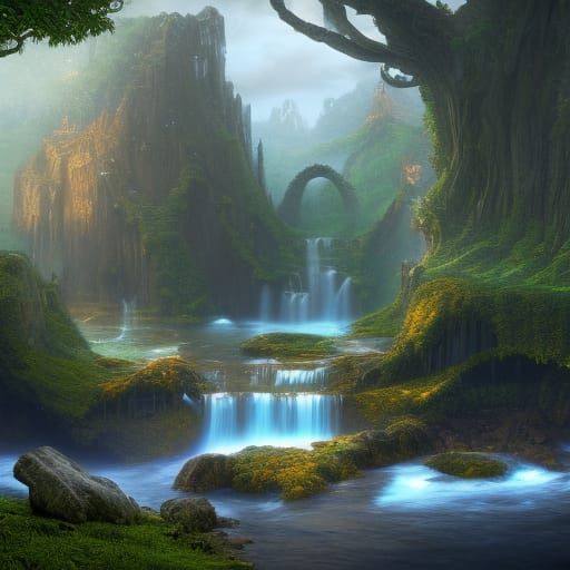 Enchanted Waterfall in Elf Kingdom: Fantasy Art