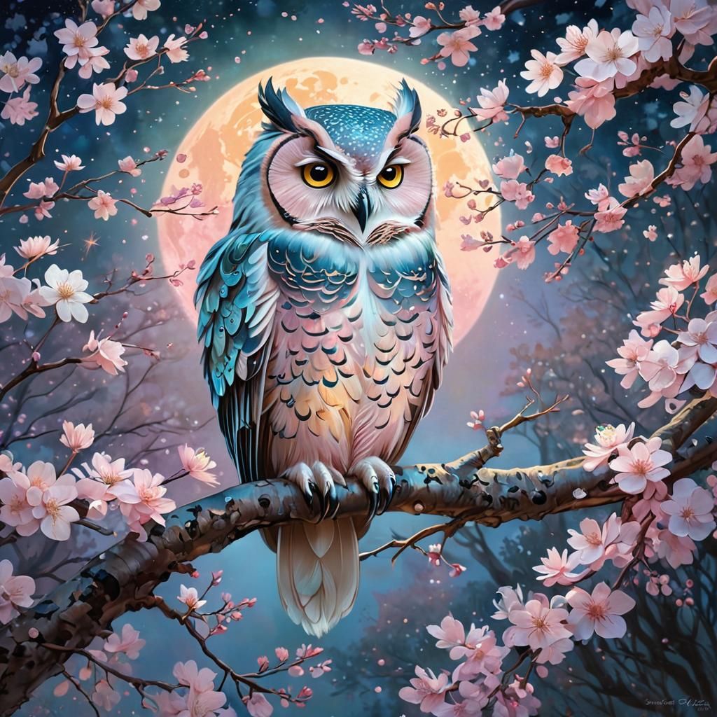 Mystical Moonlit Landscape with Iridescent Owl