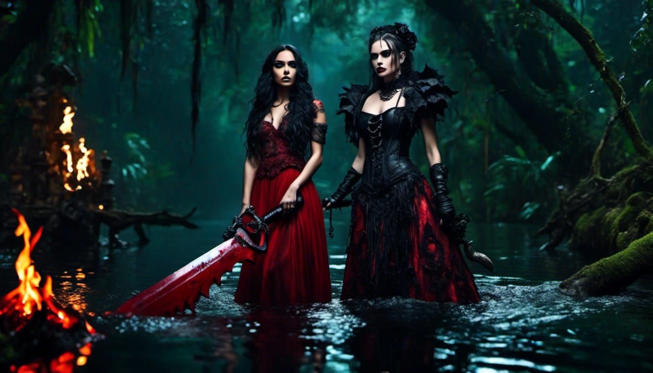 Gothic Vampire Woman with Chainsaw in Dark Swamp