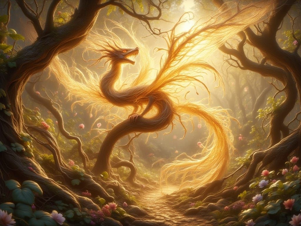 Golden Light Dragon in Ancient Forest