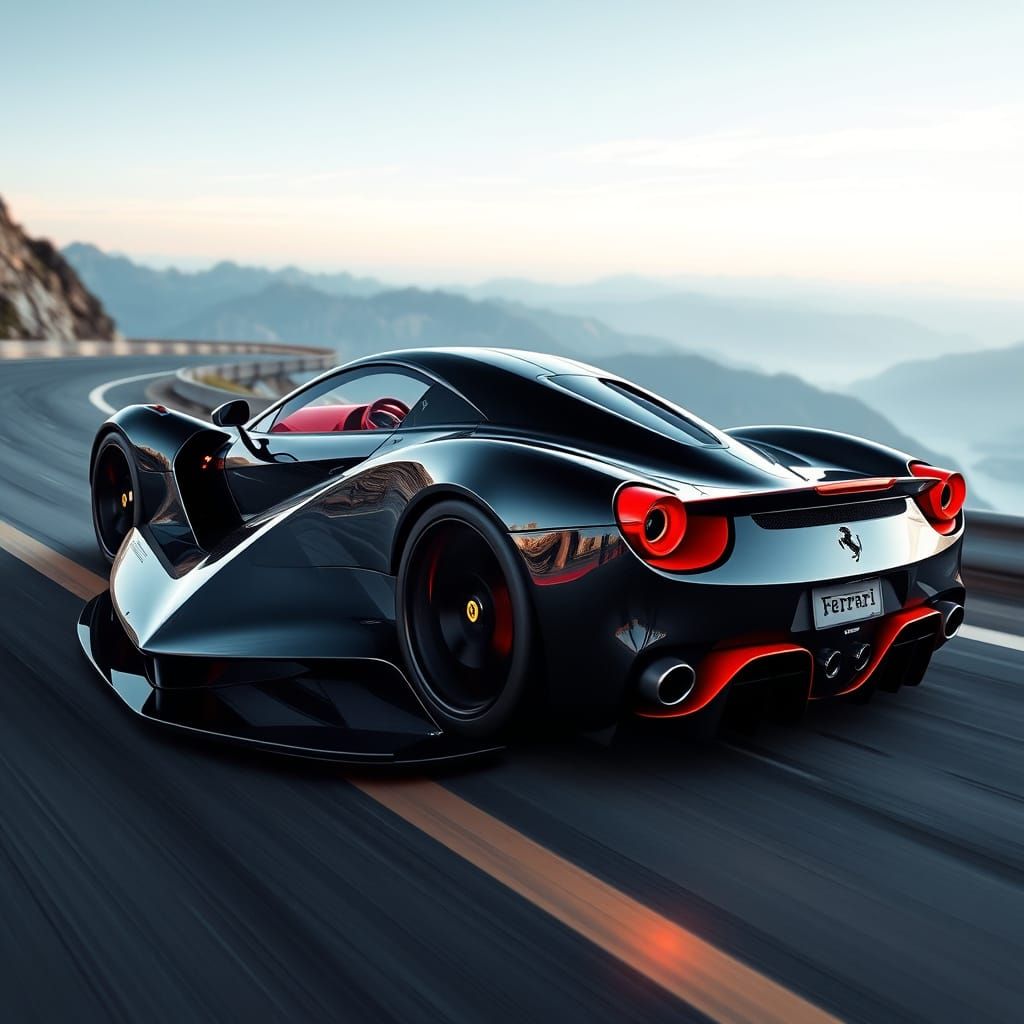 Hyper-Realistic Ferrari Speeds Through Futuristic Mountains