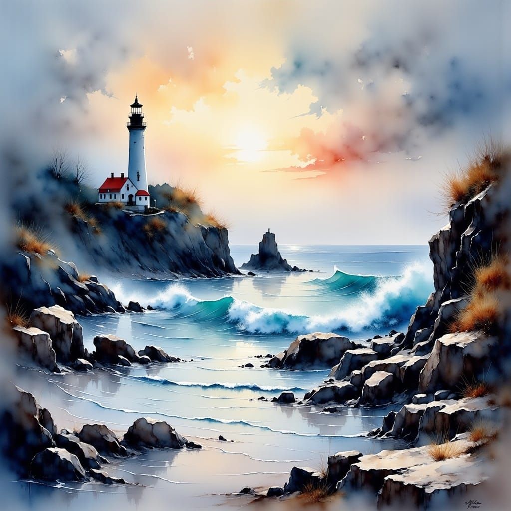 Coastal Cliff at Dawn: Oil Painting with Lighthouse