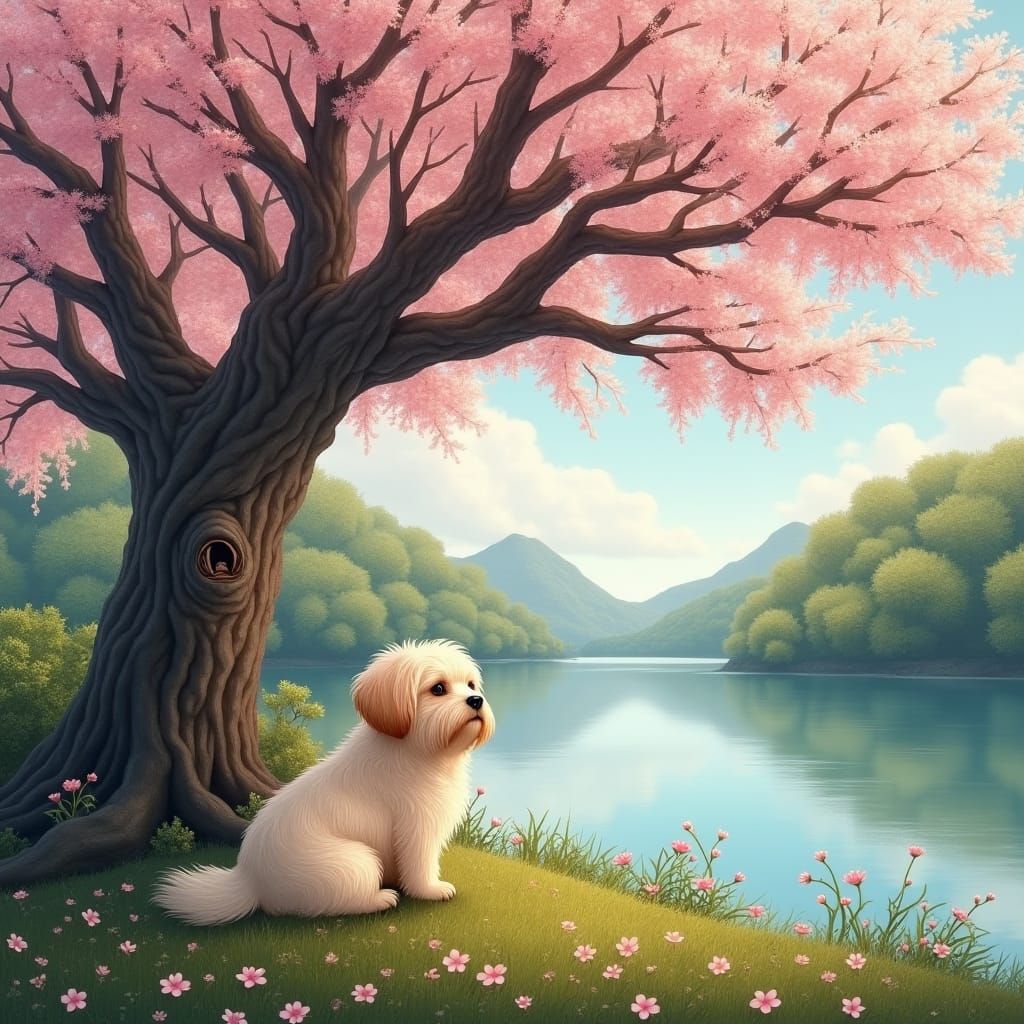 Sakura Tree and Havanese Dog by Lake