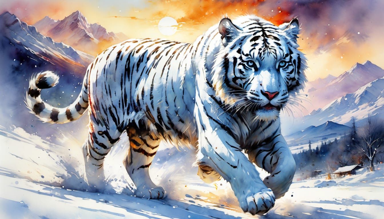 Dramatic Watercolor White Tiger in Sunset Snowscape