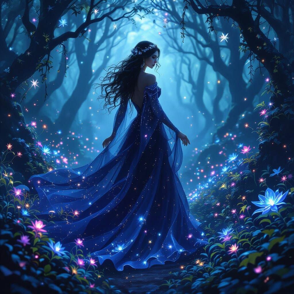 Goddess of Midnight in Mystical Forest