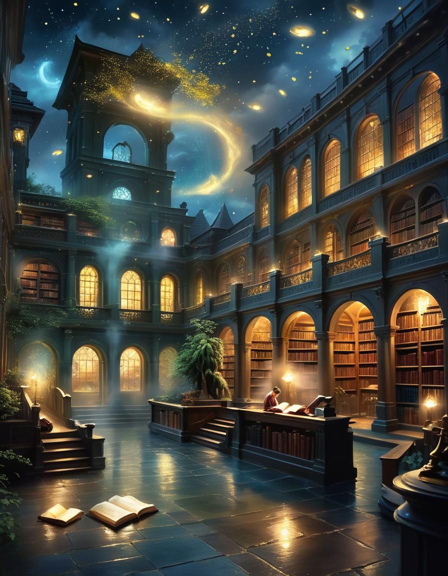 Ethereal Moonlit Library in Dreamlike Landscape