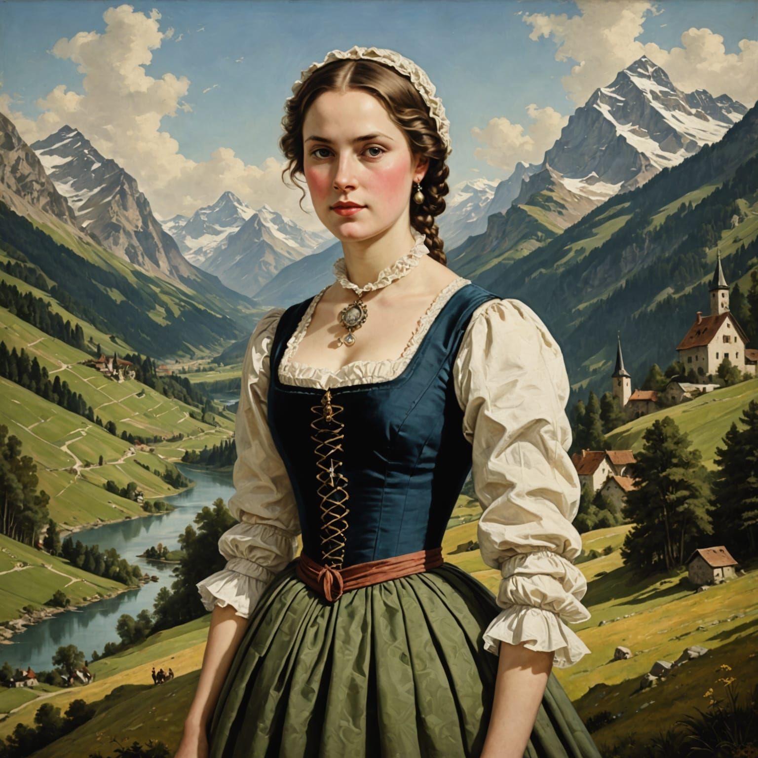 Ethereal Alpine Scene Depicts Austrian Mountain in Dirndl Ar...