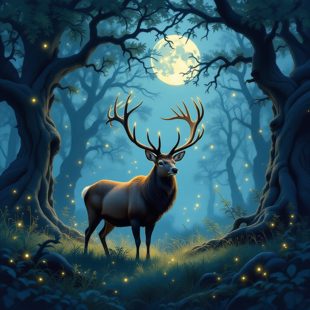 Stag in Lunar Light With Fireflies, Hyperdetailed Style
