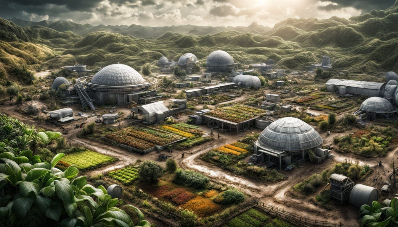 Hyperrealistic Space Colony Farming Community