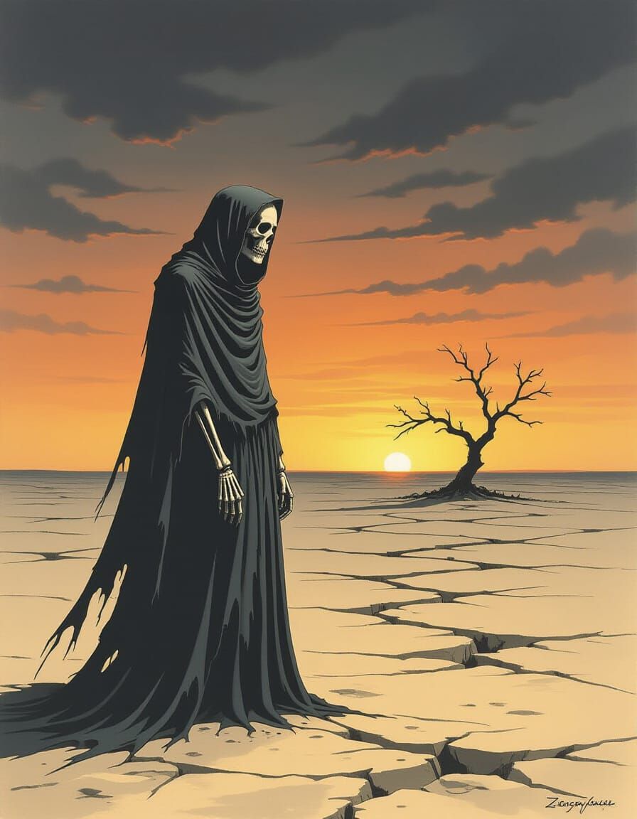 Skeletal Figure on Windswept Plain Under Twilight Sky