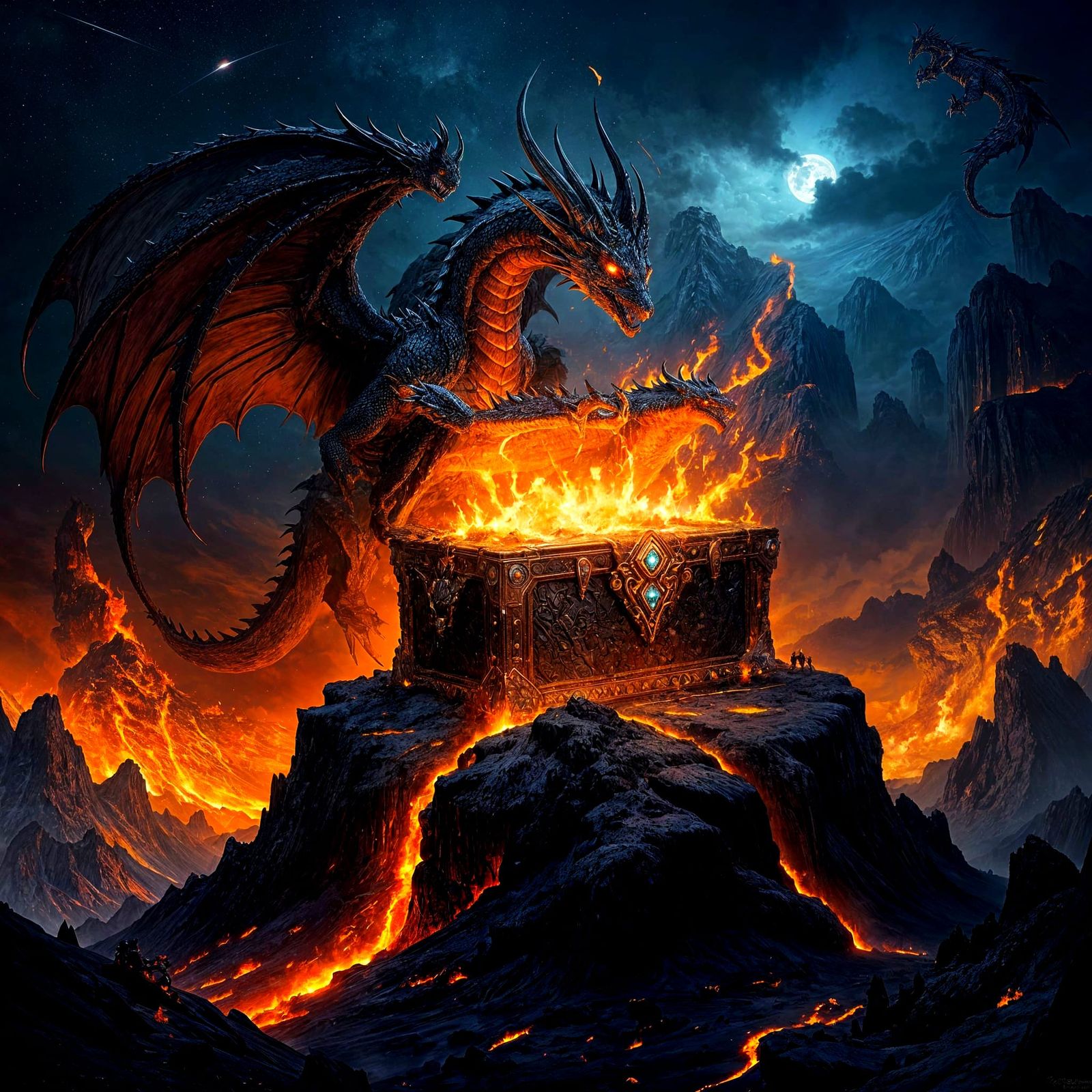 Obsidian Dragon Guarding Jewel-Encrusted Treasure Chest