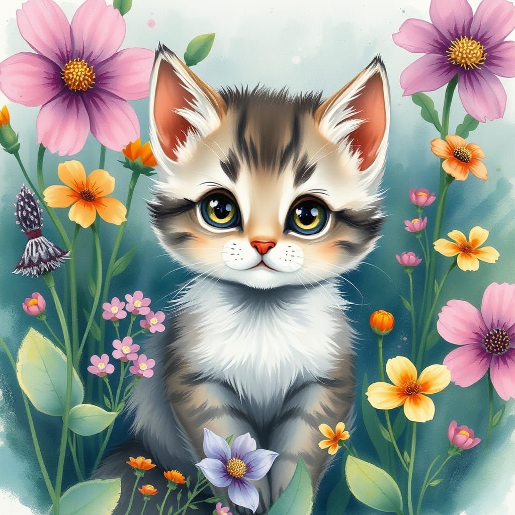 Whimsical Kitten in Enchanted Garden, Watercolor Style