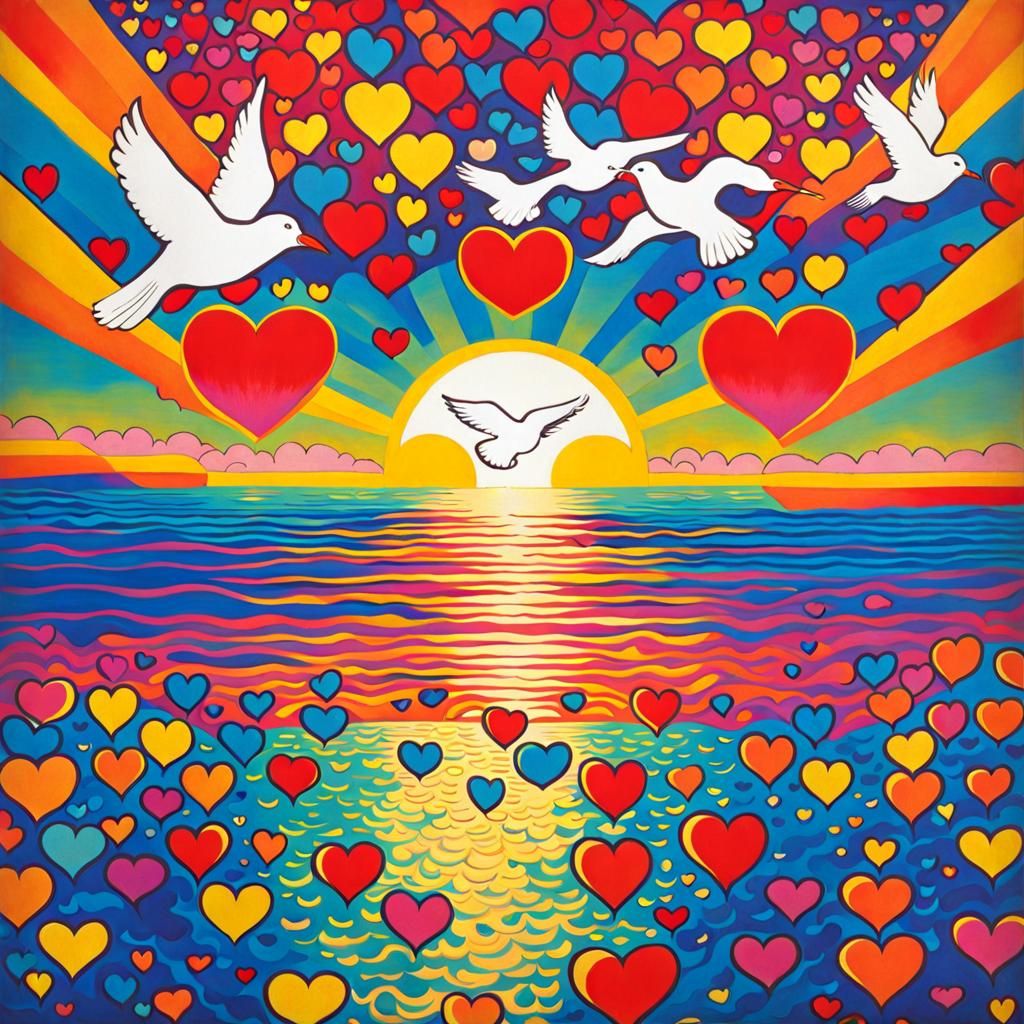 Psychedelic Pop Art: Hearts and Doves Over Ocean