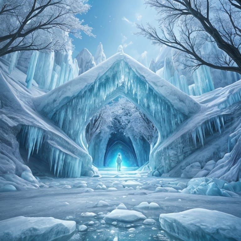 Surreal Ice Cave Entrance to a Magical Ice World in Hyperrea...