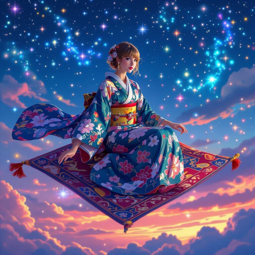 Taylor Swift in Kimono on Magic Carpet Under Starry Sky